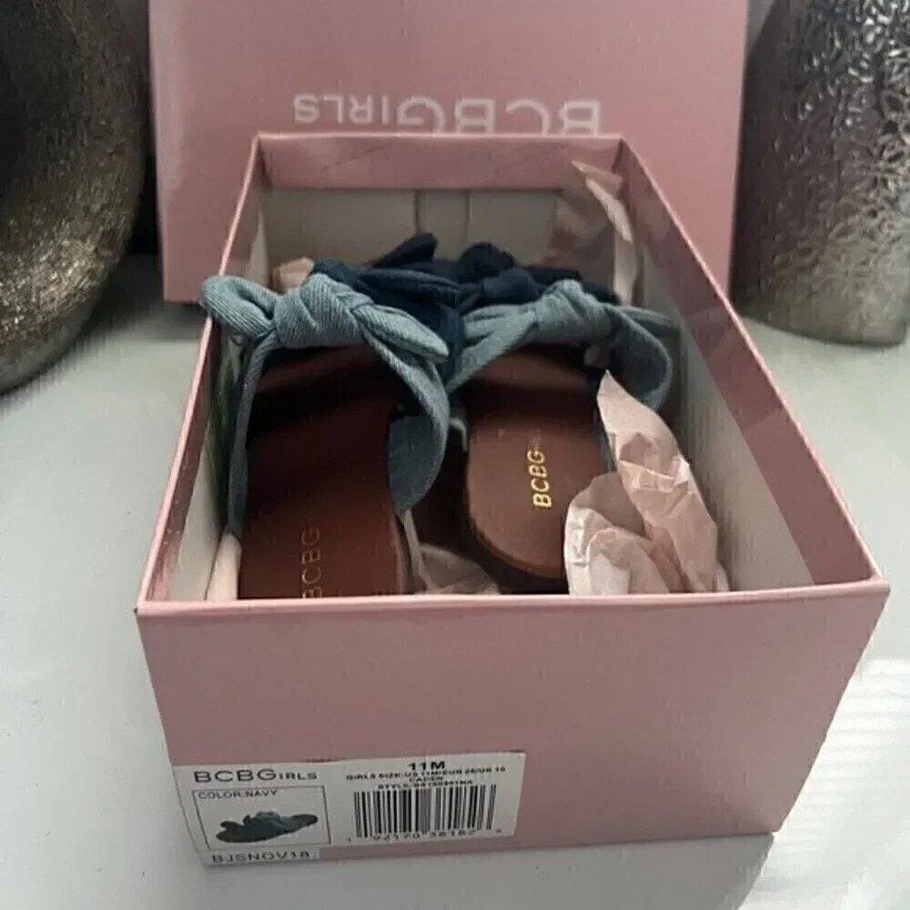 NIB BCBG Girls Caden Denim Bow Strap Slide Sandals shoes Size 12
